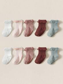 5pairs Baby Girls' Solid Color Cute Anti-Slip Lace Socks.