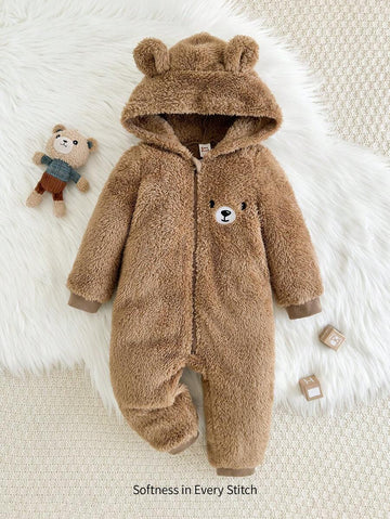 Baby Boy Cartoon Rabbit Ear Hoodie & Thick Fleece Coverall