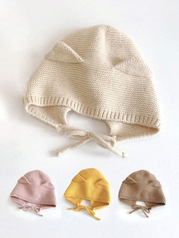 1pc Plain Color Cat Ear Kids Knit Beanie,