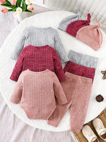 1pcs/Set Newborn Baby Solid Color All-Match Set, Fashionable Casual Style, Includes Top, Pants And Hat