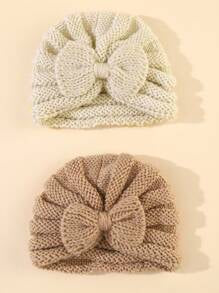 2pcs 0-6 Bowknot Knitted Hat, Baby Woolen Head Scarf Cap, Newborn Warm Hat