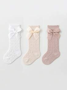 3 Pairs Children Bow Mesh Leg Stockings Anti-Mosquito Breathable Mid-Calf Socks.
