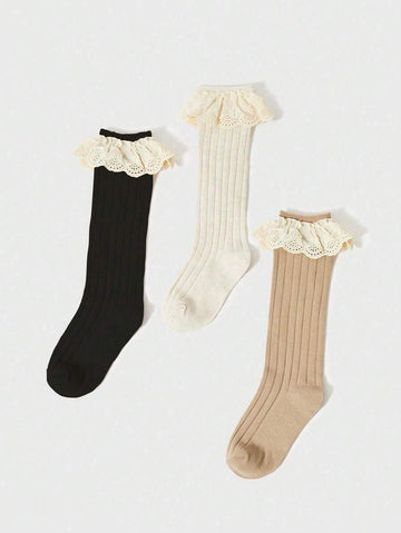 1pairs Children's Simple Lace Edge Solid Color Knee High Socks, Suitable For Girls' Sweet And Lovely Daily Wear