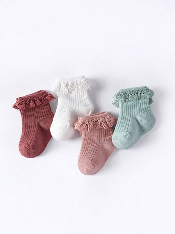 4 Pairs Baby Girls Colorful Striped Ruffled Mid-Calf Socks