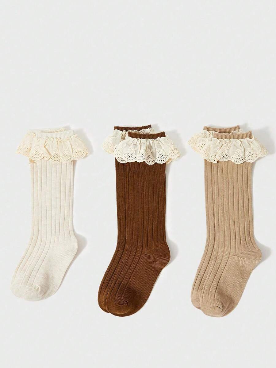 1pairs Children's Simple Lace Edge Solid Color Knee High Socks, Suitable For Girls' Sweet And Lovely Daily Wear