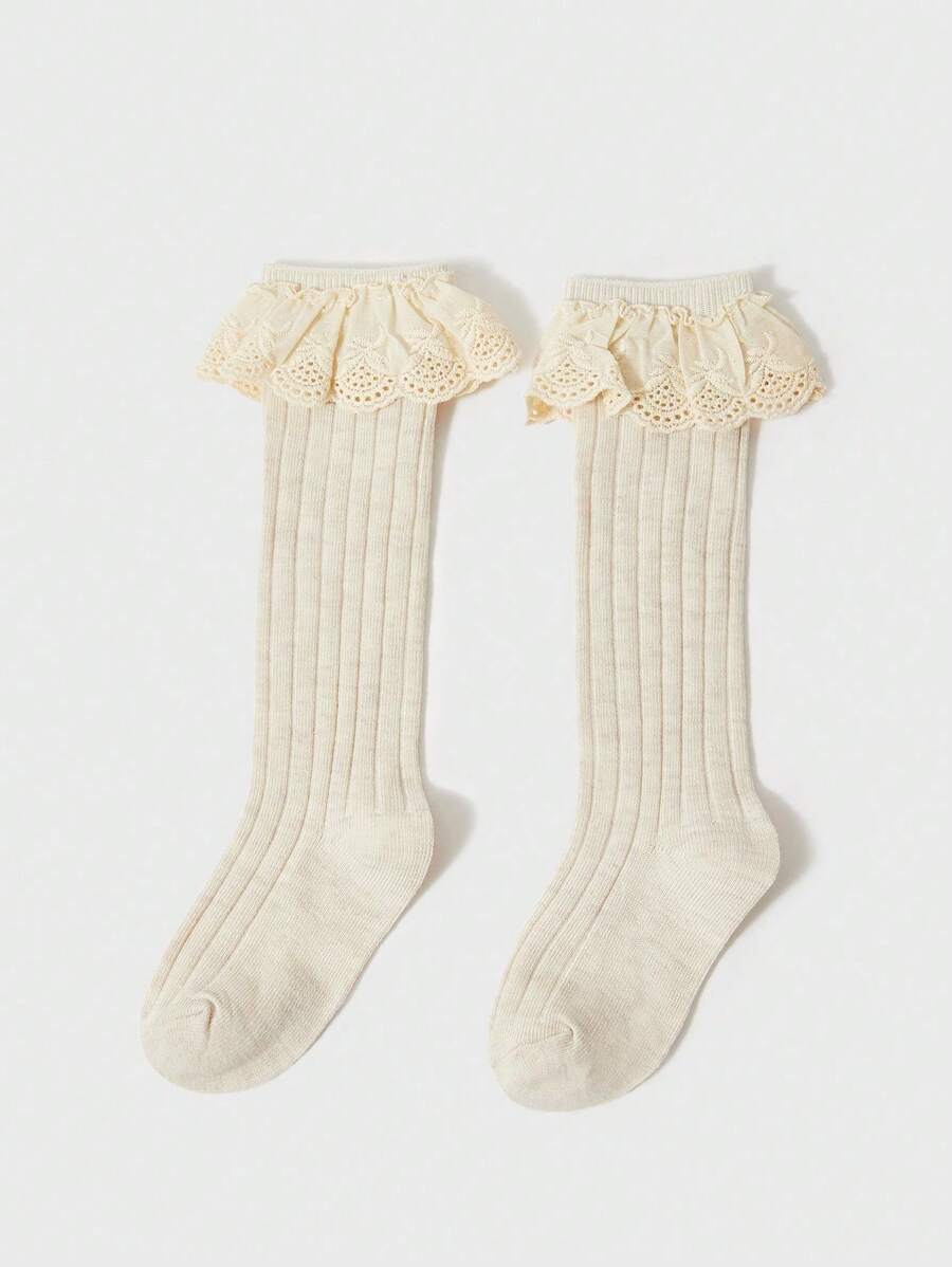 1pairs Children's Simple Lace Edge Solid Color Knee High Socks, Suitable For Girls' Sweet And Lovely Daily Wear