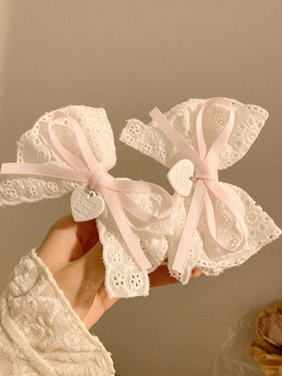1pc/2pcs Set "White Tea Love" Lace White Bow Hair Clip For Women.