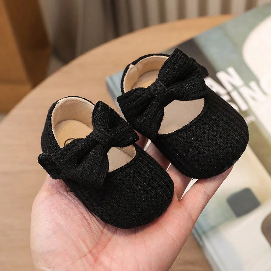 1pair Girls' Bowknot Knitted Fabric Shoes With Strap Design.
