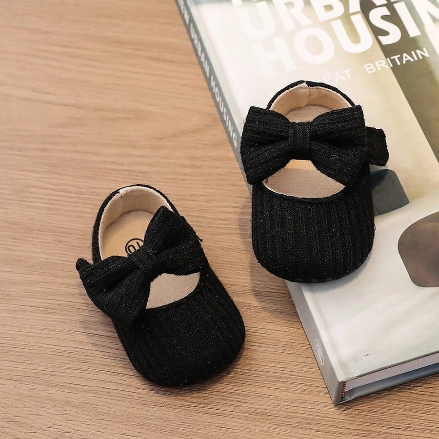 1pair Girls' Bowknot Knitted Fabric Shoes With Strap Design.