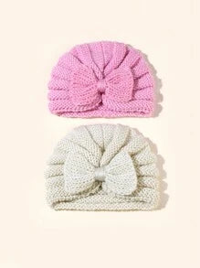 2pcs 0-6 Bowknot Knitted Hat, Baby Woolen Head Scarf Cap, Newborn Warm Hat