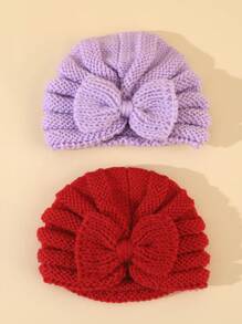 2pcs 0-6 Bowknot Knitted Hat, Baby Woolen Head Scarf Cap, Newborn Warm Hat