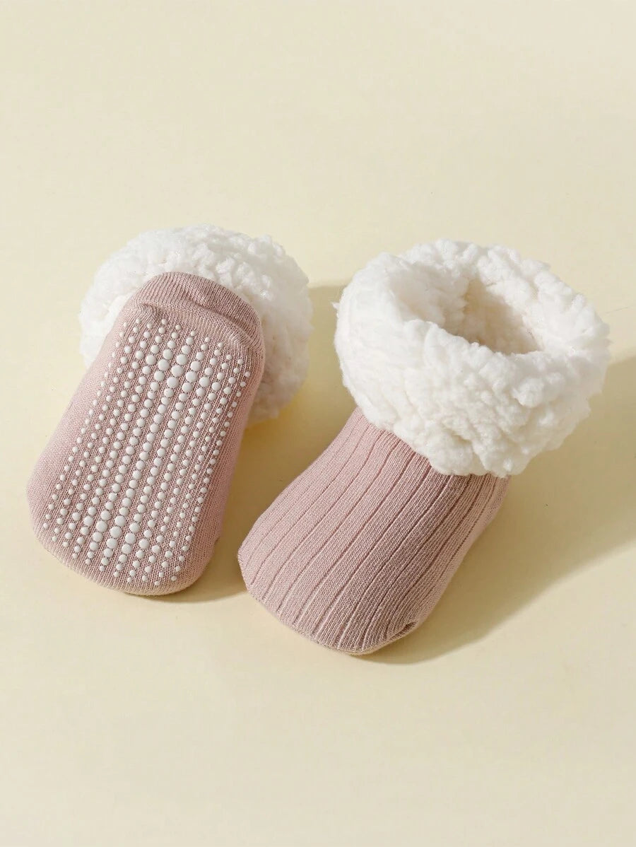 1 Pairs Baby Warm Thick Fleece Dots Anti-Slip Socks, Suitable For Winter