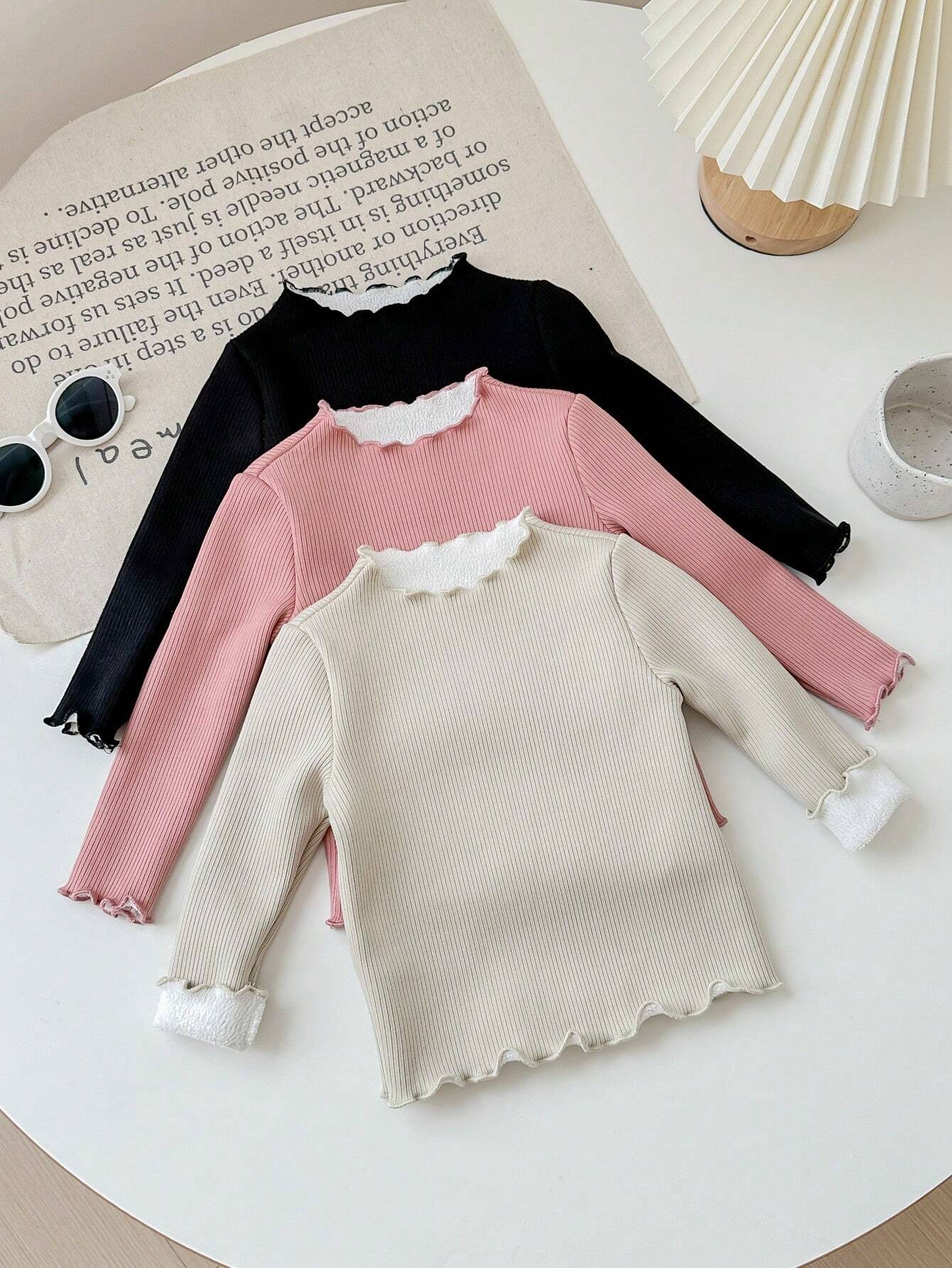 1pc  Baby Girls Solid Color Knitted Ruffled Hem Long Sleeve Tops, Autumn Winter