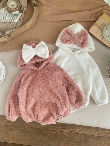 1 pcs/Newborn Baby Girl Cute Fuzzy White & Pink Bow Long Sleeve Snap-Up Romper, Autumn/Winter