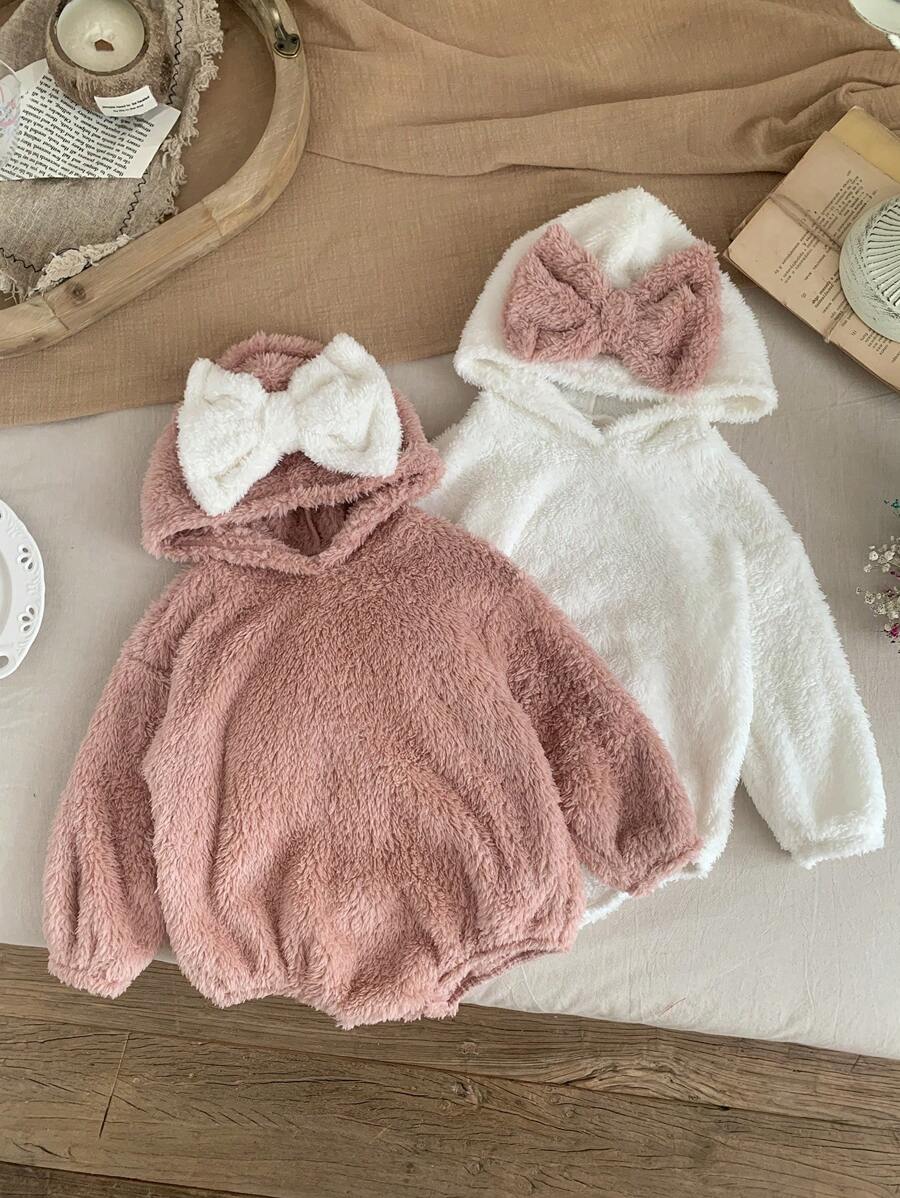 1 pcs/Newborn Baby Girl Cute Fuzzy White & Pink Bow Long Sleeve Snap-Up Romper, Autumn/Winter