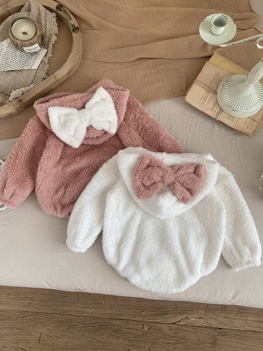 1 pcs/Newborn Baby Girl Cute Fuzzy White & Pink Bow Long Sleeve Snap-Up Romper, Autumn/Winter