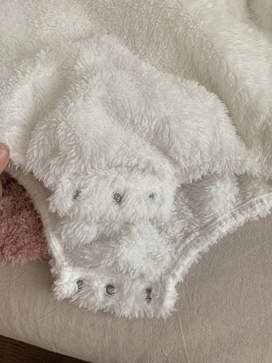 1 pcs/Newborn Baby Girl Cute Fuzzy White & Pink Bow Long Sleeve Snap-Up Romper, Autumn/Winter