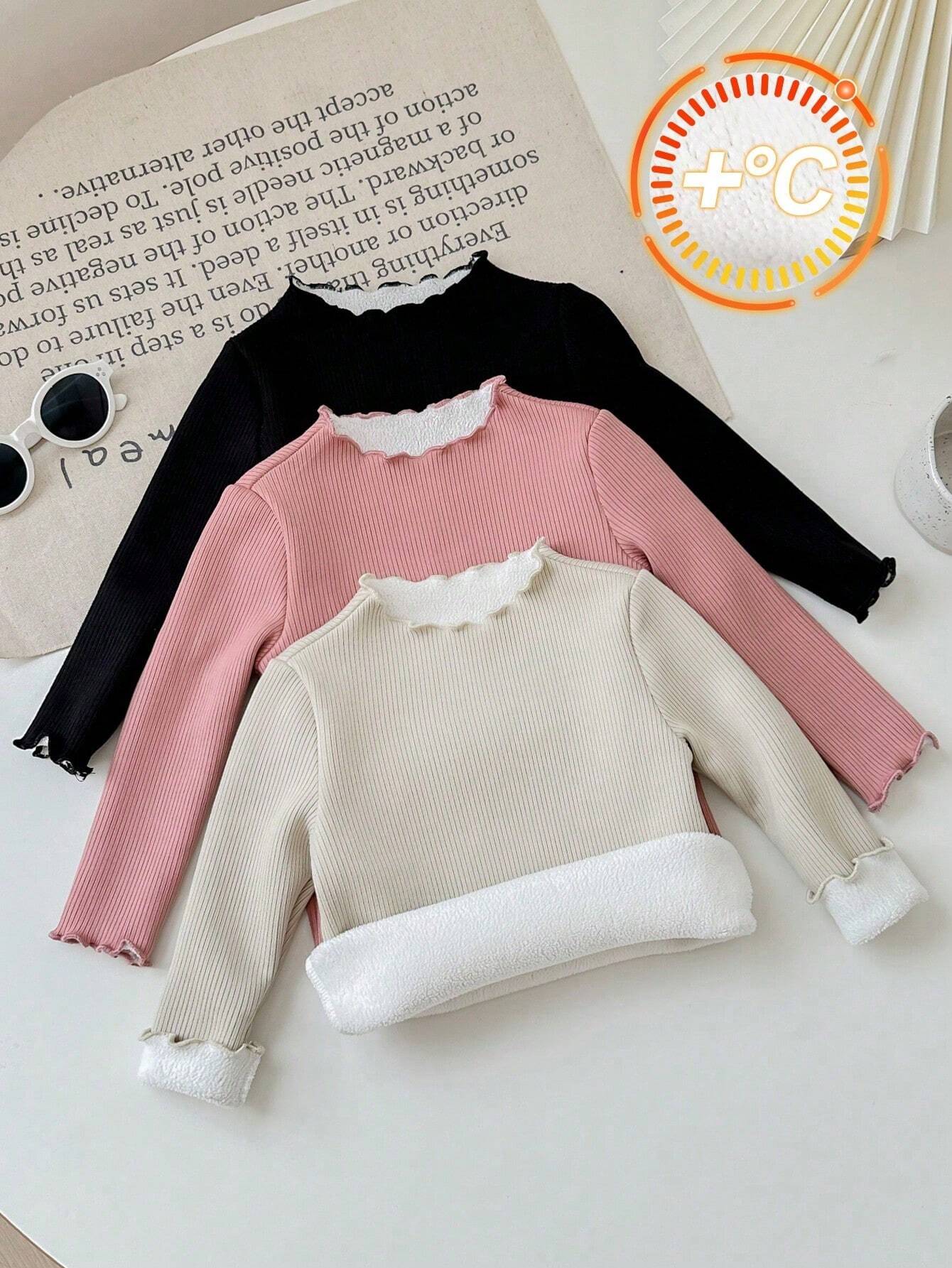 1pc  Baby Girls Solid Color Knitted Ruffled Hem Long Sleeve Tops, Autumn Winter