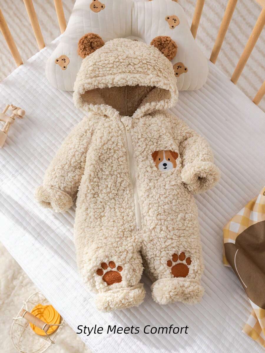 Newborn Baby Boy Cute Cartoon Dog Embroidery Hooded Full Zip Front Plush Jumpsuit