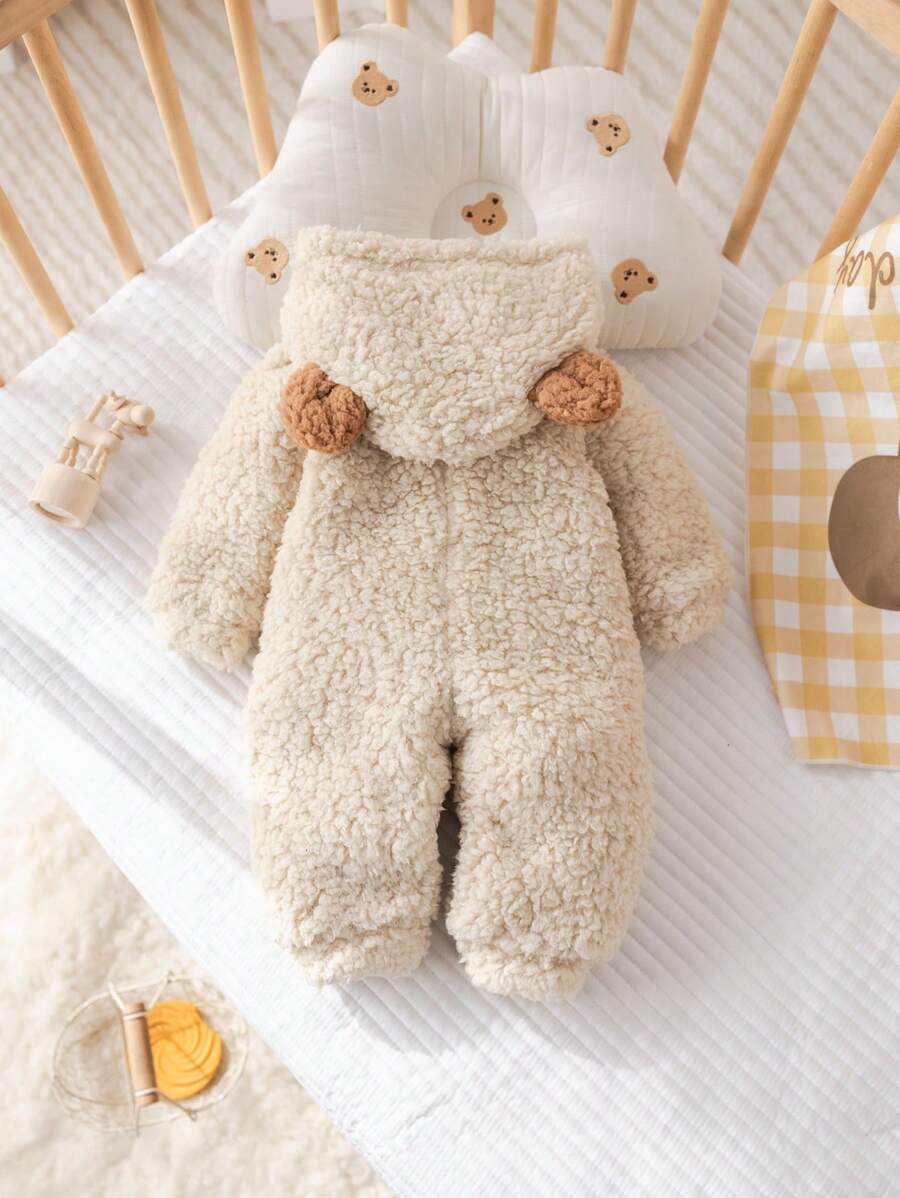 Newborn Baby Boy Cute Cartoon Dog Embroidery Hooded Full Zip Front Plush Jumpsuit