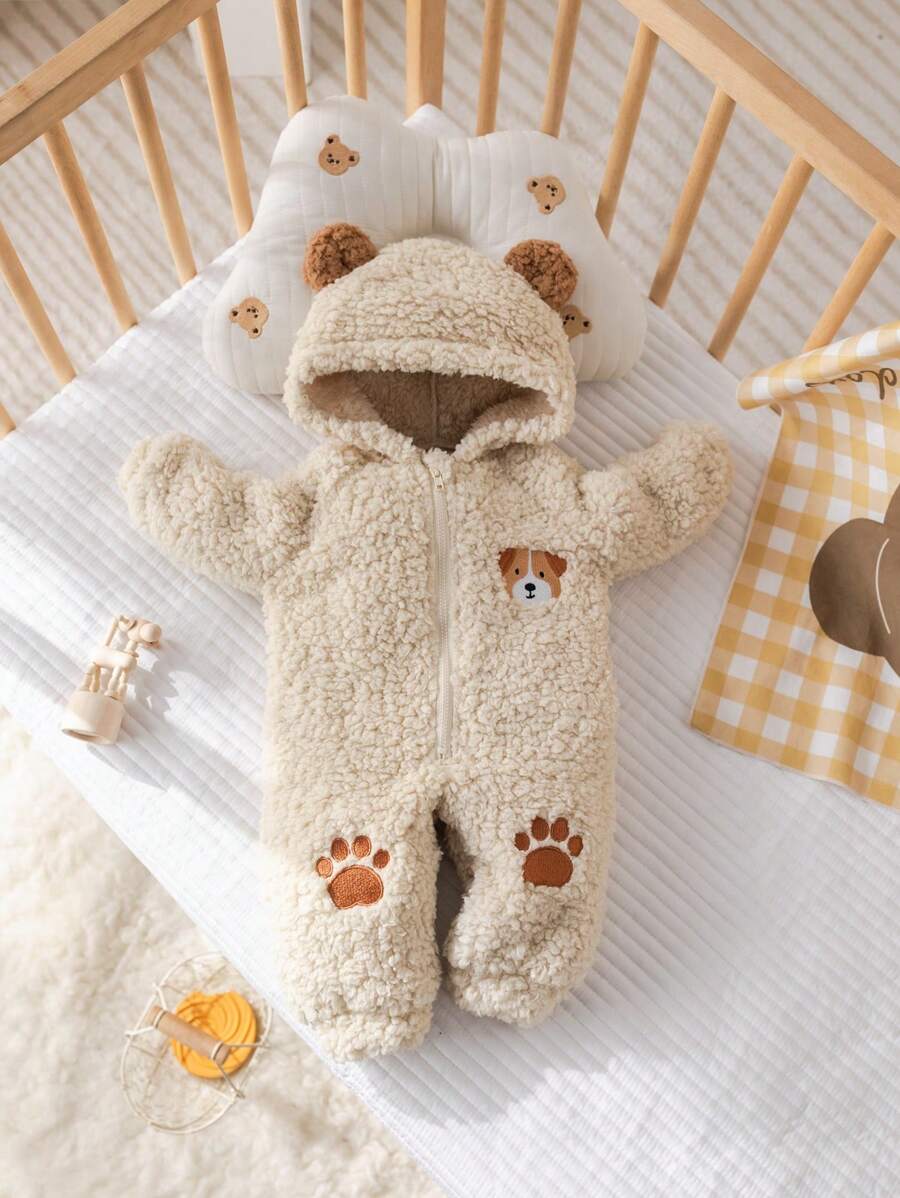 Newborn Baby Boy Cute Cartoon Dog Embroidery Hooded Full Zip Front Plush Jumpsuit