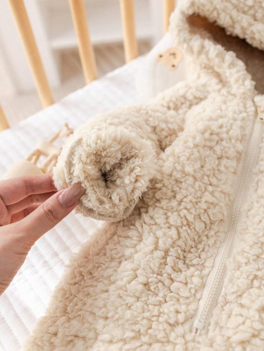 Newborn Baby Boy Cute Cartoon Dog Embroidery Hooded Full Zip Front Plush Jumpsuit
