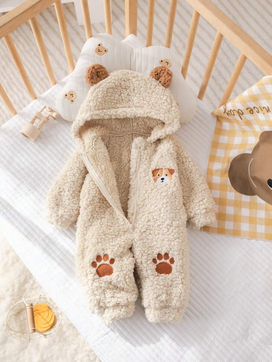 Newborn Baby Boy Cute Cartoon Dog Embroidery Hooded Full Zip Front Plush Jumpsuit