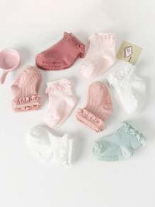 5pairs Baby Girls' Solid Color Cute Anti-Slip Lace Socks.