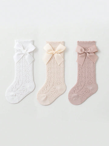 3 Pairs Children Bow Mesh Leg Stockings Anti-Mosquito Breathable Mid-Calf Socks.
