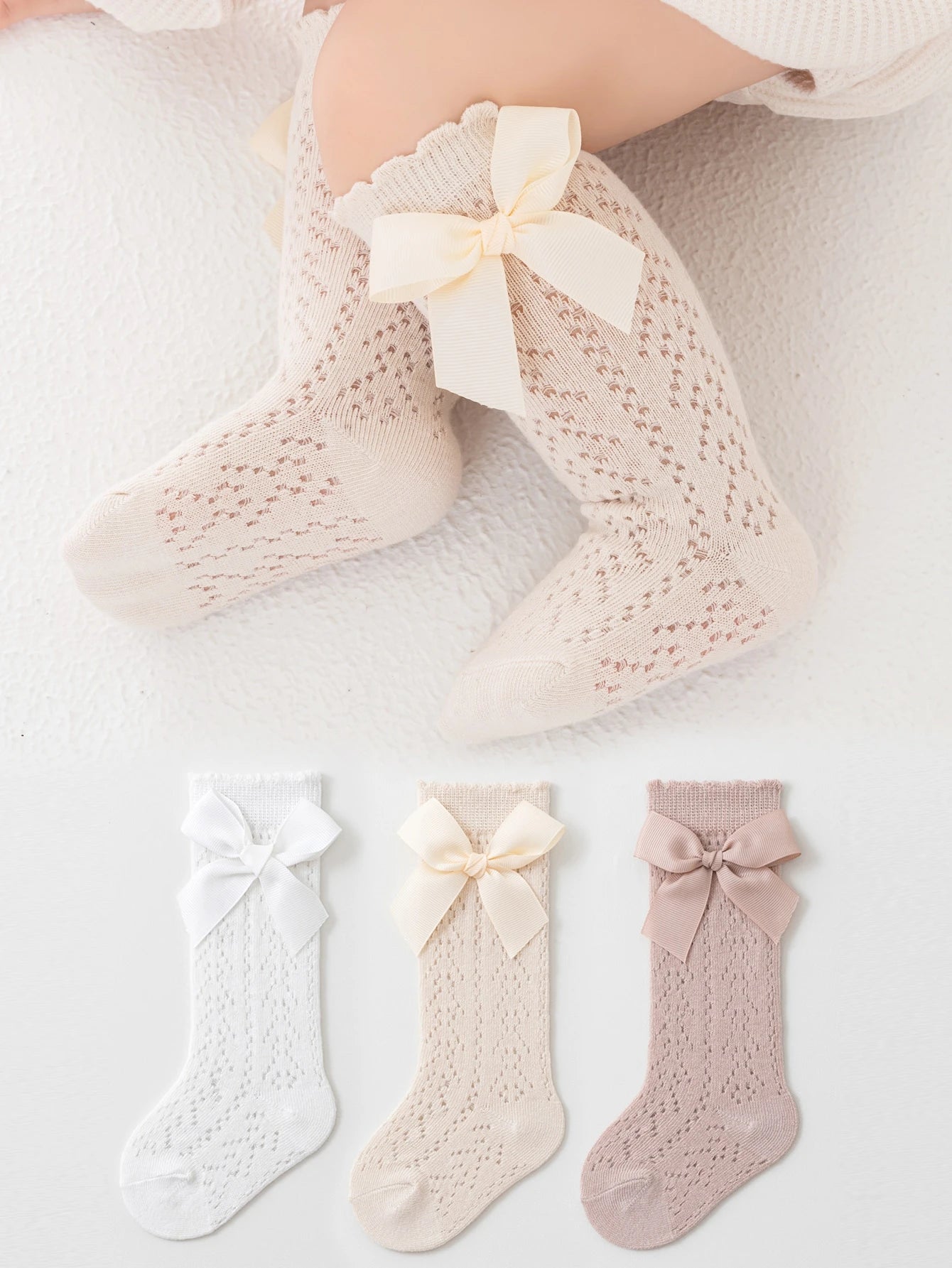 3 Pairs Children Bow Mesh Leg Stockings Anti-Mosquito Breathable Mid-Calf Socks.