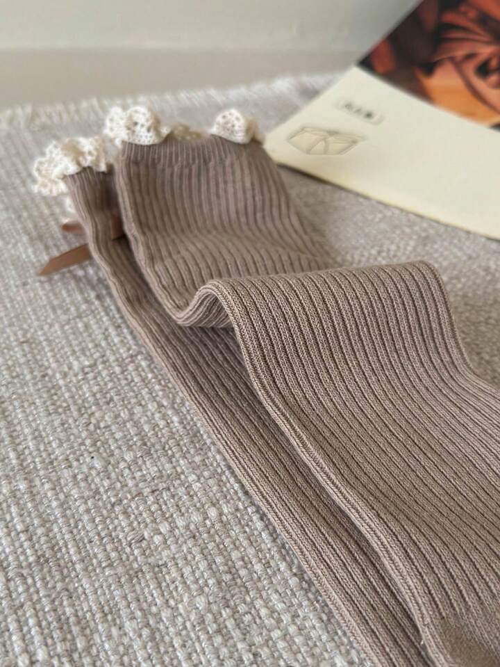 1/2 Pairs Girls Khaki Lace Trim, Ruffle Edged, Bow Ribbon