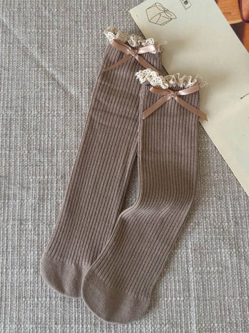 1/2 Pairs Girls Khaki Lace Trim, Ruffle Edged, Bow Ribbon