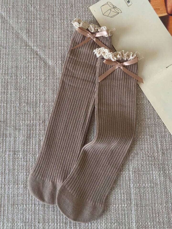 1/2 Pairs Girls Khaki Lace Trim, Ruffle Edged, Bow Ribbon