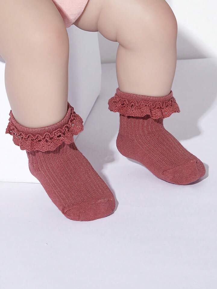 4 Pairs Baby Girls Colorful Striped Ruffled Mid-Calf Socks