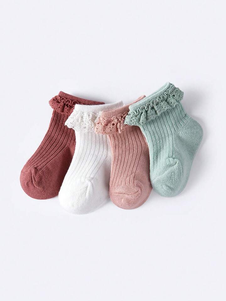 4 Pairs Baby Girls Colorful Striped Ruffled Mid-Calf Socks